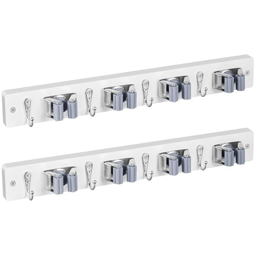 2 Pack Mop Broom Holder Wall Mount - White Wood Broom Mop Hanger - Wall Mounted Garden Tool Rack Organizer for Closet Garage Laundry Room, 4 Slots & 4 Hooks