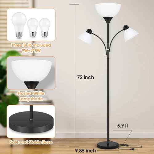 Floor Lamp for Living Room,72" Dimmable Torchiere Lamp with 2 Reading Lights for Bedroom, Black Tall Standing Room Lamp, 3 Bulbs Included