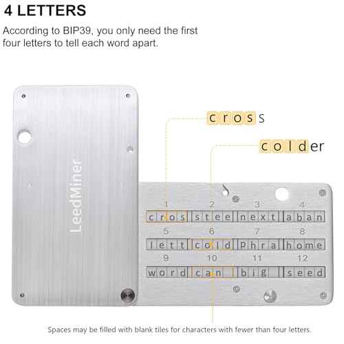 Seed Phrase Storage,Crypto Seed Backup 4 Plates Letter 24 Words Bitcoin Crypto Seed Metal Plate, Compatible with BIP39 Hardware Wallets, Ledger, KeepKey, Trezor