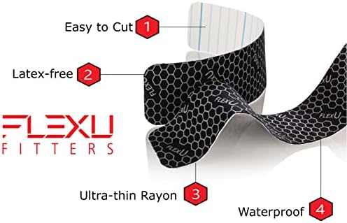 FlexU Kinesiology Tape - 60 2" x 10" Pre-Cut Strips for Lower Back, Knees, & Shoulders; Pain Relief & Support for Muscles & Joints, Shoulders, Knees & Back, Rheumatism, Gout, Osteoporosis (Black)