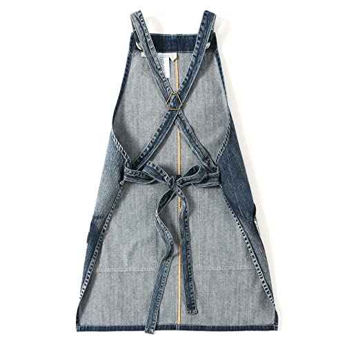 Jeanerlor Denim Cross Back Apron Acid Washed With Pockets for Hair Stylist