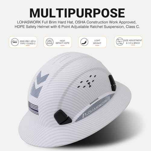 Full Brim Hard Hat, OSHA Construction Work Approved, ABS Safety Helmet with 6 Point Adjustable Ratchet Suspension Industrial Work