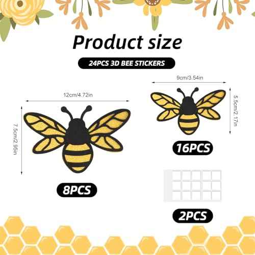 24PCS 3D Bee Wall Stickers,Double Layer Honey Bee Decals,2 Sizes Realistic Bees Clings with Glue Dot for Bedroom,Living Room,Nursery,Party