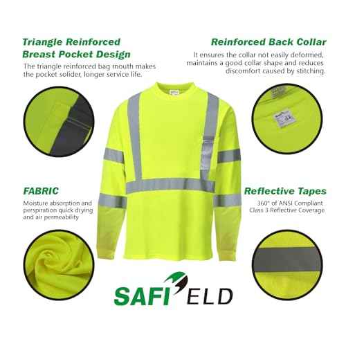 Hi Vis Safety Shirts for Men Reflective,High Visibility Work T-Shirt Short Long Sleeve with Pocket, 3 and 5 Pack