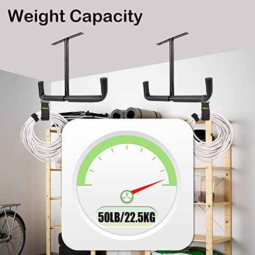 2 Set Overhead Garage Storage Rack, Heavy Duty Overhead Storage Double Hook, Ceiling Mount Hanger Safe Racks Hooks, Hanging for Lumber Ladder Storage & Other Bulky Items (Pack of 2 - Black)