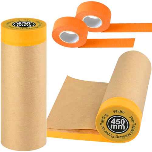 Pre-Taped Masking Paper for Painting, 2 Pack 18 inch x 66 feet Painters Paper Roll and 1 inch x 66 feet Masking Tape, Tape and Drape Paint Masking Paper for Painting Cars Auto Body Wall Floor
