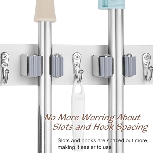 2 Pack Mop Broom Holder Wall Mount - White Wood Broom Mop Hanger - Wall Mounted Garden Tool Rack Organizer for Closet Garage Laundry Room, 4 Slots & 4 Hooks