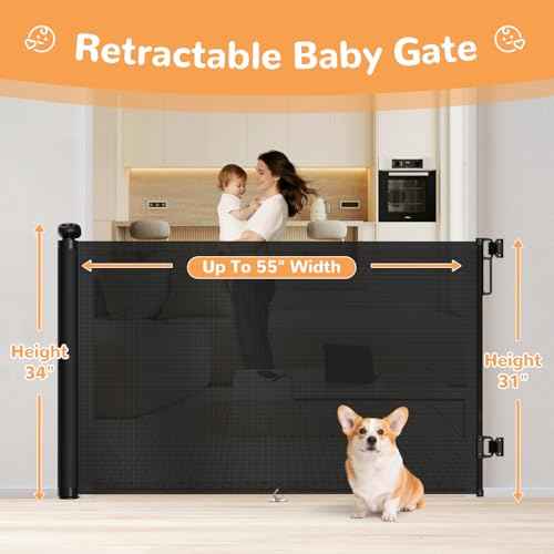 Retractable Baby Gates for Stairs, 55" Wide Mesh Baby Gate for Doorways, 34" Tall Dog Gate Suitable for Baseboards, Wide Child Gate for Hallways, Kitchen, Deck, Indoor & Outdoor, Black