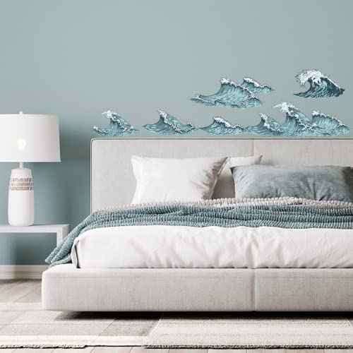 PLIGREAT 6 Pcs Blue Ocean Sea Waves Wall Stickers, Removable Vinyl Peel and Stick Wall Decals for Bathroom Nusery Bedroom Playroom Wall Decoration Home Indoor DIY Wall Art Decor Bathtub Decals