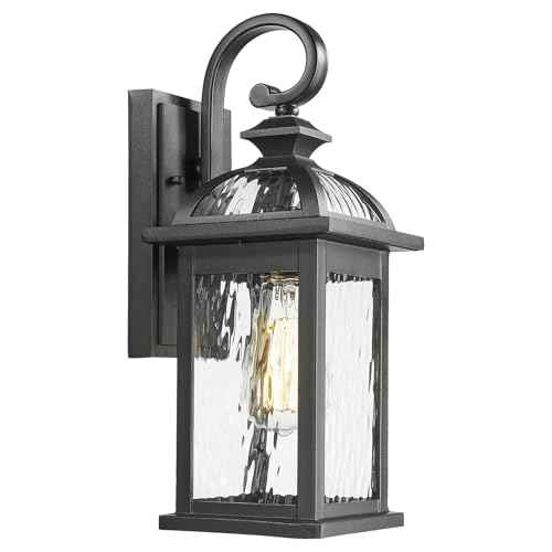 Darkaway Outdoor Lights Fixture Wall Mount, Exterior Wall Light with Water Ripple Glass Waterproof Black Outside Wall Sconce for House Porch Hallway Garage