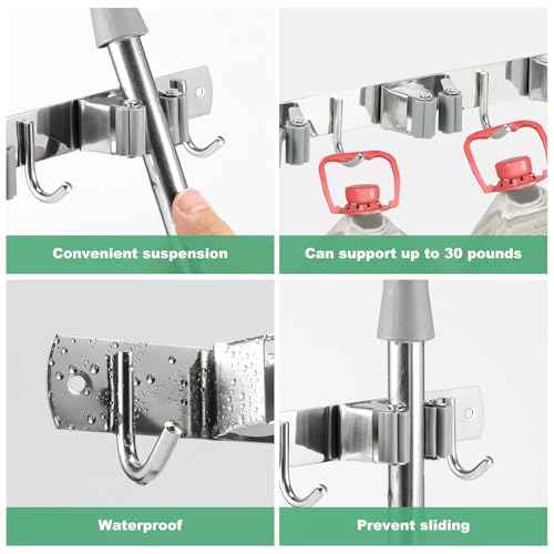 5Pcs 3 Racks 4 Hooks Stainless Steel Broom Mop Holder Anti Slip Wall Mount Broom Storage Rack Strong Load Bearing Waterproof Mop Broom Organizer for Bathroom Kitchen Garage