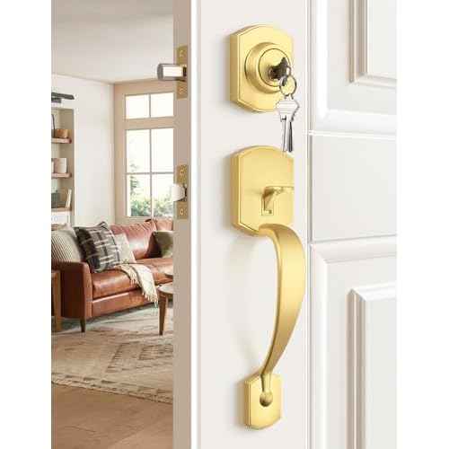 Camelot Brushed Gold Front Door Handle and Deadbolt Set, Front Door Lock Set, Satin Brass Finish, Upgated Entry Door Handle with Accent Wave Door Lever with Reversible Handle Lever, 1 Pack