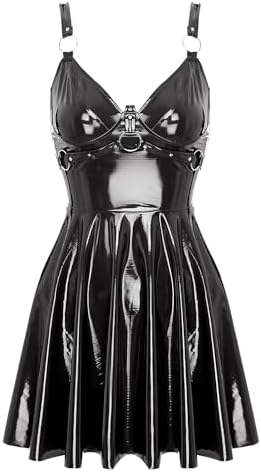 Linjinx Women's PVC Leather V Neck Flare Dress Sleeveless Rivets Strappy Night Clubwear Gothic Party A-Line Mini Dresses