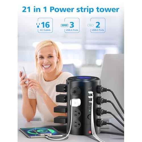 Power Strip Tower Surge Protector with 16 Outlets and 5 USB Ports (2 USB-C), 20FT Extension Cord with Multiple Outlets,Heavy Duty Charging Station,Home Office Dorm Room Essentials.No Wireless Charging