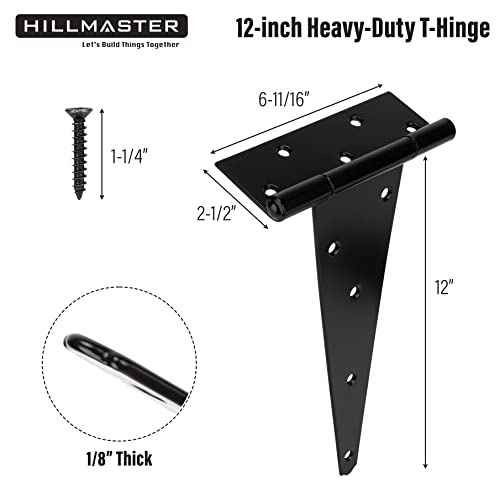 12 Inch T-Strap Heavy Duty Shed Door Hinges Gate Strap Hinges Black Tee Hinge Wrought Hardware for Wooden Fences,Yard,Barn Door,Rustproof (6 Pack)