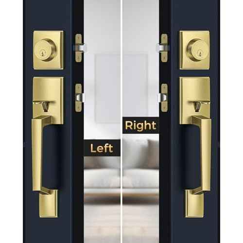 Front Door Handle and Deadbolt Set, Gold Front Door Lock Set with Modern Knob, Exterior Entry Lock with Adjustable Single Cylinder Deadbolt, Reversible for Right & Left
