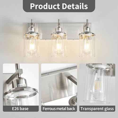 3-Light Brushed Nickel Bathroom Light Fixture Over Mirror Modern Bathroom Vanity Light Vintage Wall Lighting with Clear Glass Shade for Bathroom, Bedroom, Hallway, Cabinet