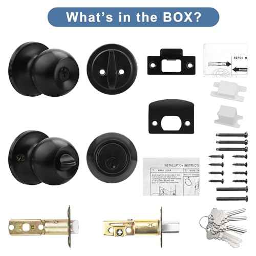 Knobonly Keyed Alike Exterior Door Knob, Round Outdoor Lock with One Sided Deadbolt, Stainless Steel, Matte Black Door Knobs, Black Door Handle Sets, 4 Pack