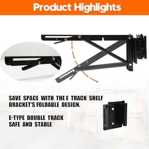 12 Inch Double Fittings E Track Shelf Bracket - Durable Hinged Collapsible Table Brackets - 4 Pack Black Powder Coating E-Track Accessories for etrack Workbench Shelves