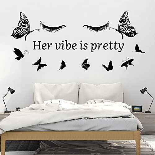 Her Vibe is Pretty Wall Decals Vinyl Inspirational Wall Decal Quotes Butterfly Eyelash Stickers Motivational Sayings Black Positive Lettering Wall Decals for Woman Girls Bedroom Living Room Bathroom