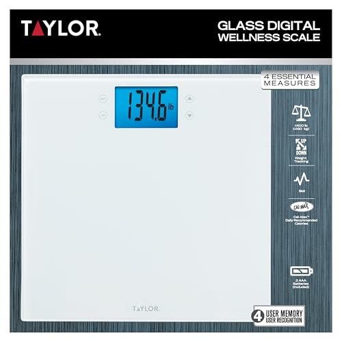 Taylor Digital Body Composition Scale w/Cal-Max, Bathroom Scale for Body Weight, Measures Body Fat, Body Water, & Muscle Mass Percentages, 4 User Recognition, FSA HSA Eligible, 400 lb Capacity, White