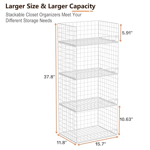 4 Tier Stackable Closet Organizers and Storage Shelves, Foldable Closet Shelf Organizer System, Stackable Storage Bins Drawers for Clothes Organizer System, White(Patent Pending)