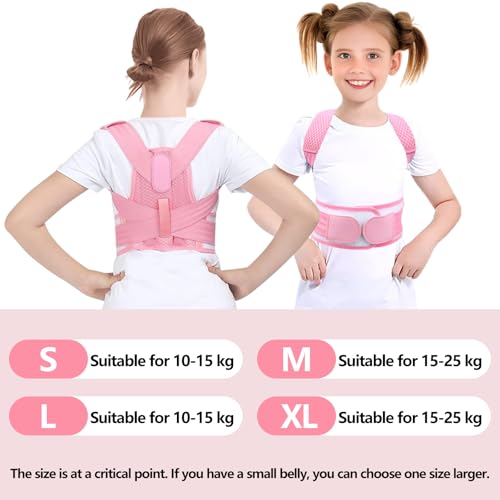 Posture Corrector for Kids,Adjustable Children Posture Corrector for Boys/Girls,Breathable Back Support Belt with Spine Lumbar Shoulder Braces for Hunchback，Spine Corrector (Pink, Large)