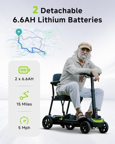 4 Wheel Mobility Scooter for Adults & Seniors Electric Powered Lightweight Foldable 5 MPH Speed 15 Miles Range Two Removable Batteries Airline Approved (Black Yellow, Standard)