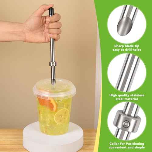 5 Pack Straw Puncher, lemonade stand supplies kit with straw puncher for plastic lids, muddler for lemonade and cocktails, reusable lemonade cups