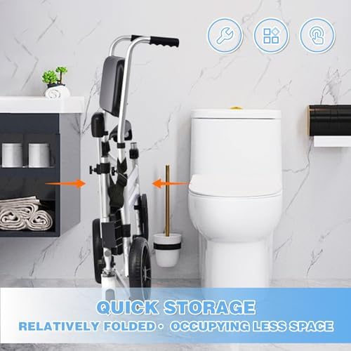 Shower Chair with Wheels 4 in 1 Folding Padded Bedside Commode Wheelchair Height Adjustable Detachable Bucket with Wheels Lifting Armrests Flip-up Footrest for Elderly Disabled (Black Tape and Sheet)