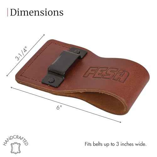FESA Leather Tape Measure Holder for Belt with Steel Clip & Reinforced Heavy Duty Rivets - Leather Drill Holder for Tool Belts up to 3" Wide - Handcrafted