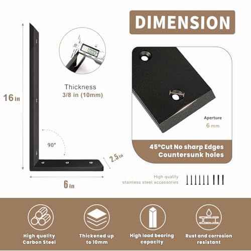 Countertop Support Bracket 16 Inch 3 Pack Countertop Bracket for Granite 3/8" Thick 16"x6"x2.5" Heavy Duty L Brackets Shelf Brackets Metal Corbels for Quartz/Granite/Wood/Concret/ Laminate Countertops