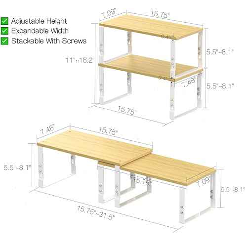 Adjustable Storage Shelves for Kitchen Cabinet Organization - Set of 2 Stackable Metal & Engineered Wood Racks, Space-Saving Design for Countertop/Pantry/Garage, Easy Assembly(2 Packs/Large/White)