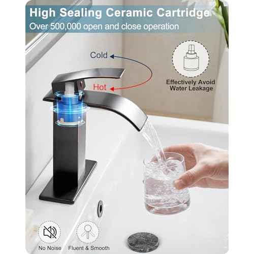 Waterfall Bathroom Faucet Oil Rubbed Bronze, Brass 4 Ins Bathroom Faucets One Hole or 3 Hole, Single Handle with Deck Plate, Pop-up Drain & Water Hose