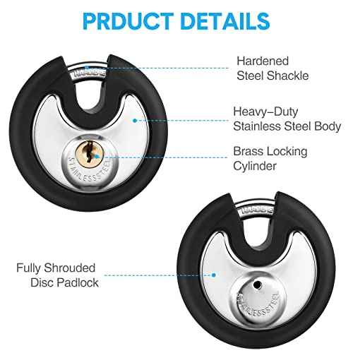 Chumia 4 Pack 70 mm Keyed Alike Padlocks Outdoor Round Stainless Steel Discus Pad Lock with Keys for Storage Unit, Sheds, Garages and Fence, Rubber Bumper Sheath (Black)