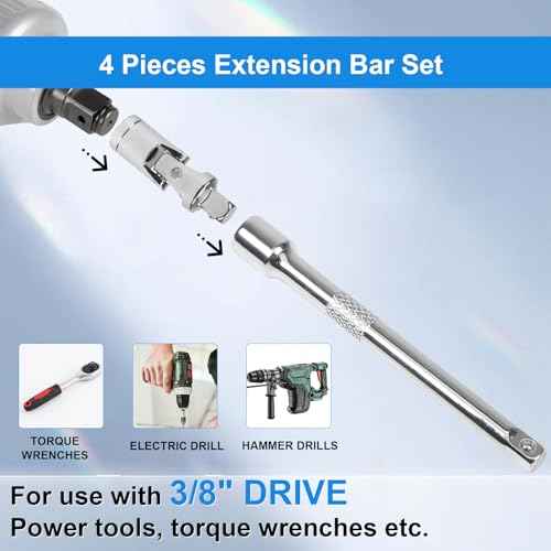 3/8 Inch Drive Extension Bar Set, Socket Extension Set Include 3, 6, and 10 Inch Extensions and 3/8 Inch Drive Universal Joint Sockets, 4 Piece Set