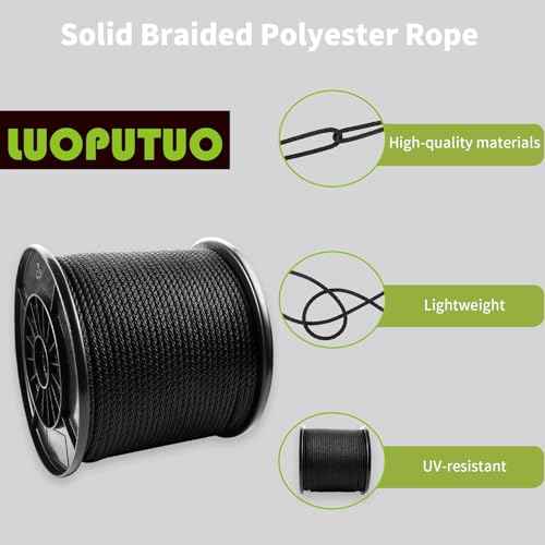 1/4 Inch 500FT Black Polyester Solid Braid Rope | High UV & Abrasion Resistance | Industrial Grade, Low Stretch | Multipurpose for Flag Poles, Clotheslines
