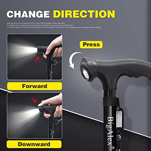BigAlex Folding Walking Cane with LED Light,Pivoting Quad Base,Adjustable Walking Stick with Carrying Bag for Man/Woman (Alloy Base)