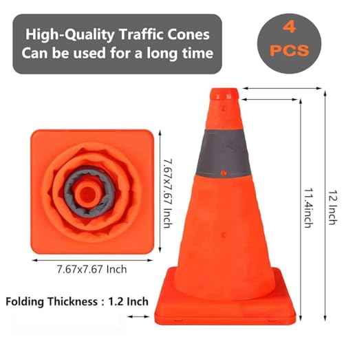 4 Pcs 12 Inch Collapsible Traffic Cones, Multi-Purpose Pop up Road Cones with Reflective Collar for Road Safety, Orange Cones for Training, Parking Lot and Driving Practice