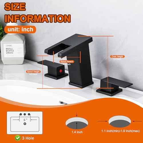 LED Bathroom Faucet 3 Hole, Matte Black Waterfall Bathroom Faucets, 8 Inch Widespread Modern Bathroom Sink Faucet & Parts, Wide Spread Touch On Three Hole 2 Handle Bath Vanity Faucet Mixer