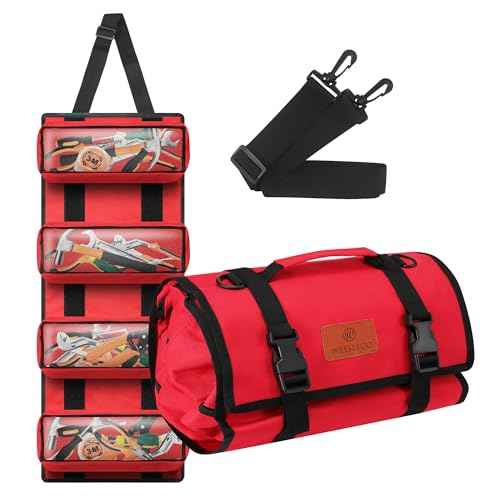 Canvas Tool Roll Up Bag, Multi-Purpose Wrench Organizer, Hvac Tool Bag with 4 Pockets (Red)