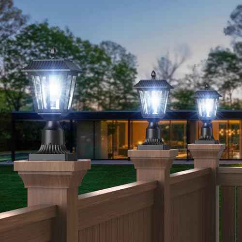 Greluna Solar Post Lamp Lights, 2 Pack 6000K Dusk to Dawn Solar Light with Pier Mount Base, Post Lights Outdoor Waterproof for Garden Yard Landscape Pole Pillar, Outside Decorative Lamp