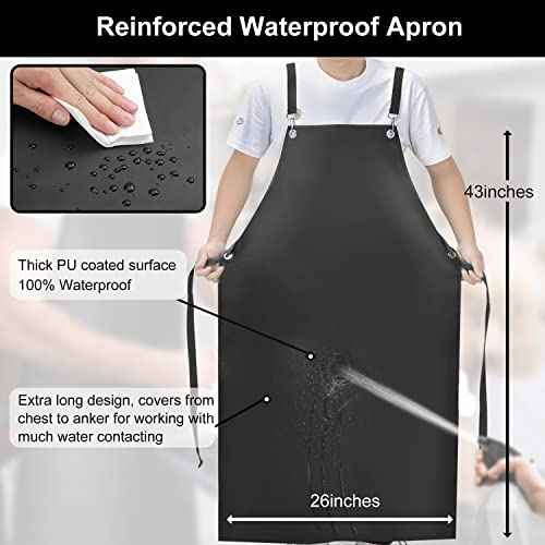 Waterproof Rubber Apron, 43" Anti-Tear Heavy Duty Vinyl Adjustable Thicker Cross Back Dishwasher Apron for Restaurant Dishwashing, Butcher, Lab Work, Dog Grooming Black