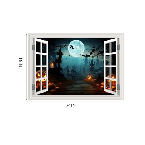 Fake Window Wall Decals Halloween Pumpkin Castle Bat Night View Terror Mural Faux Window Sticker Poster Open Wall Art Picture£¬ for Room Office Decor Stick and Peel Natural Scenery Scene 16¡°x24¡±