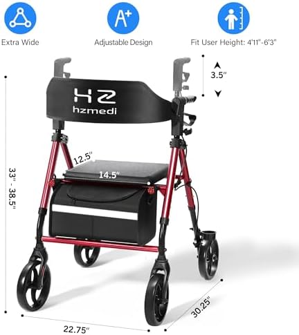 Walkers for Seniors with Seat, Foldable Rolling Walker with Durable Aluminum, Dual Adjustable Height Rolling Walker, 8" Wheels for Adults, All Terrain rollator| Jujube Red