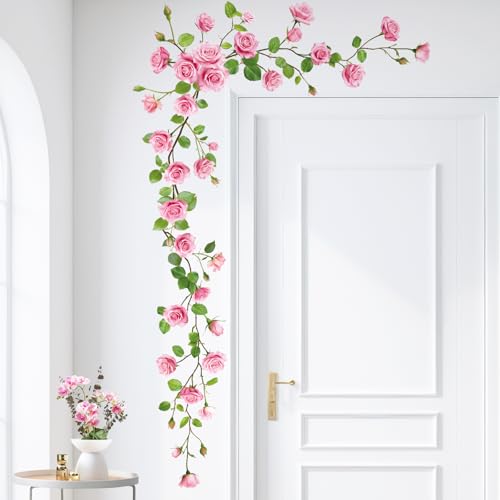 SHUCHING Pink Rose Wall Stickers Peel and Stick, Flower Wall Decals, Vinyl Art for Girl Bedroom Living Room Sofa Backdrop TV Wall Decor