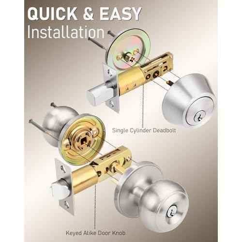 3 Pack Keyed Alike Front Door Knob and Deadbolt Set, Entry Door Locksets with Single Cylinder Deadbolt, Satin Nickel Flat Round Door Lock Set for Bedroom/Office/Exterior Doors