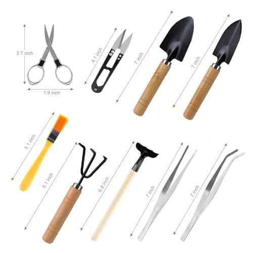 9 Piece Basic Bonsai Tools Set, Includes Pruning Shears, Mini Rake, Fold Scissors and More