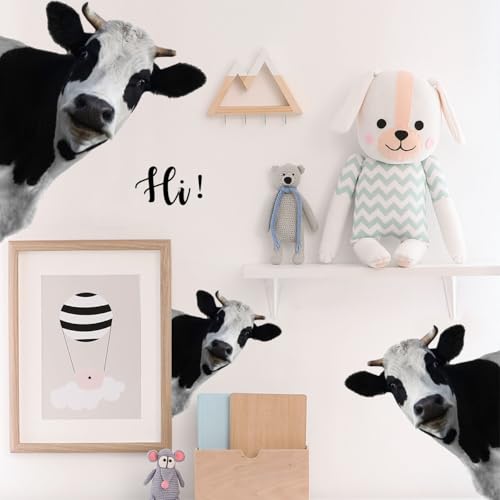 3D Funny Cow Wall Stickers & Murals Removable Cow Head Wall Decals Peel and Stick Vinyl Farm Animal Classroom Window Decor for Kitchen Kids Room Playroom Car Door Home Wallpaper