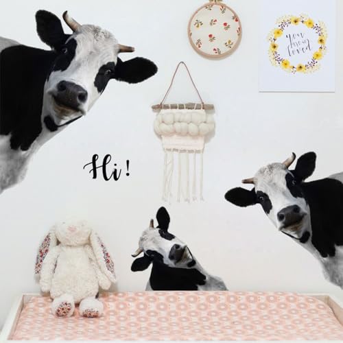 3D Funny Cow Wall Stickers & Murals Removable Cow Head Wall Decals Peel and Stick Vinyl Farm Animal Classroom Window Decor for Kitchen Kids Room Playroom Car Door Home Wallpaper